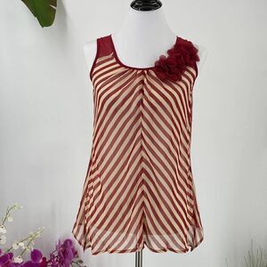 Red/Cream Striped Shear Tank Top Floral Detail Small